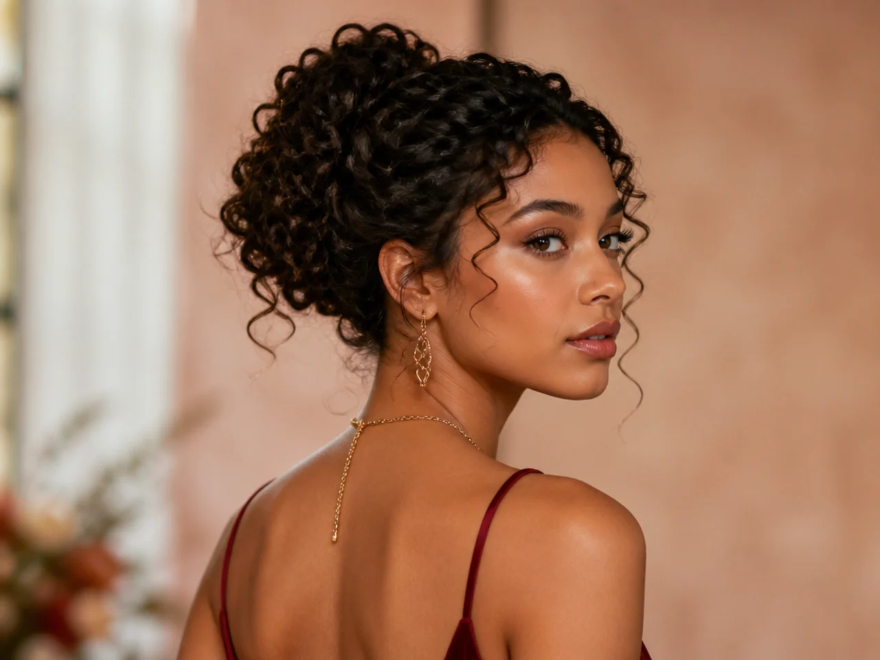 Curly hair pinned into a formal updo