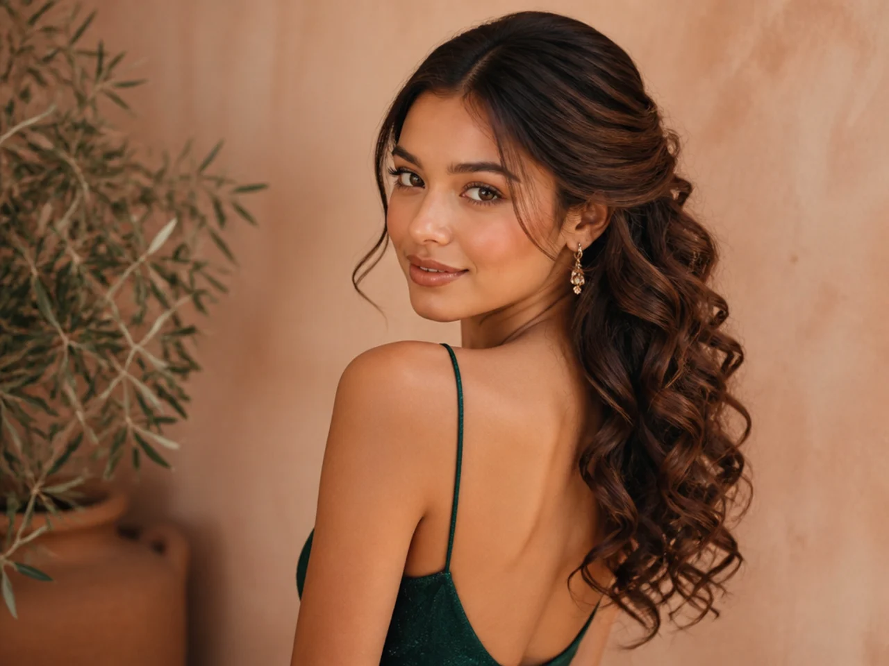 Curls swept over one shoulder