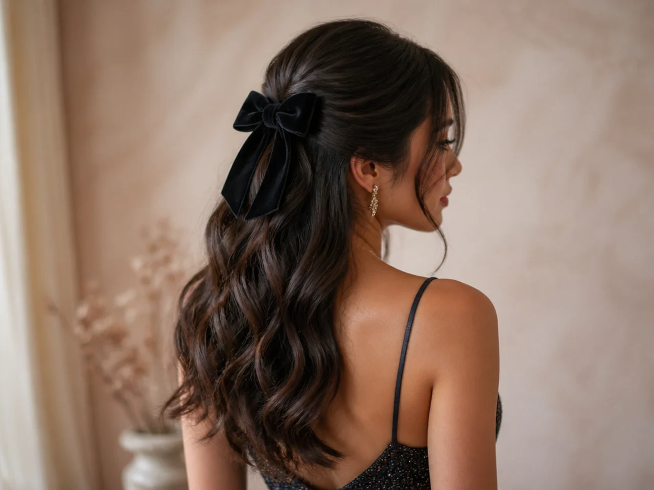 Half-up homecoming style finished with a bow