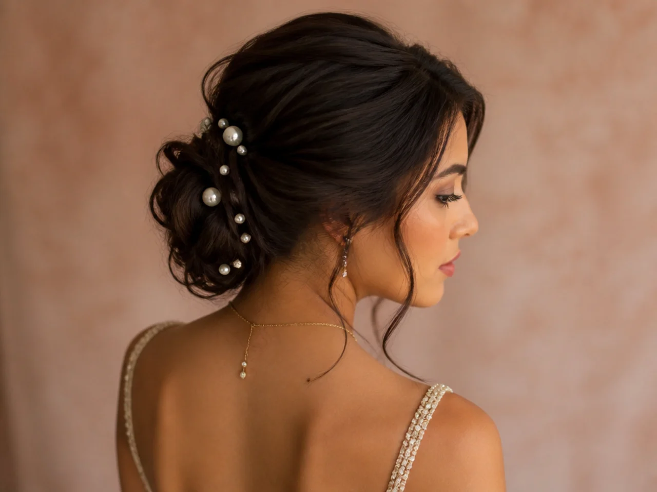 Low updo decorated with pearl pins