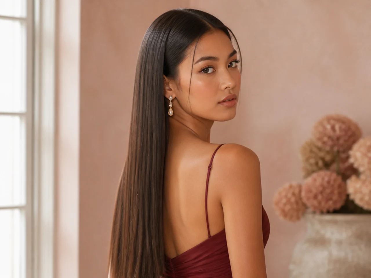 Sleek straightened homecoming hair worn down