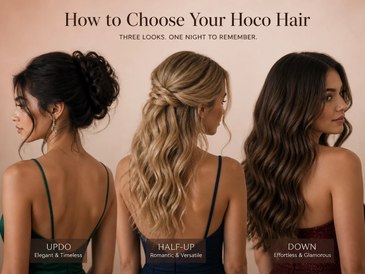 Three homecoming styles shown together — updo, half-up and worn down