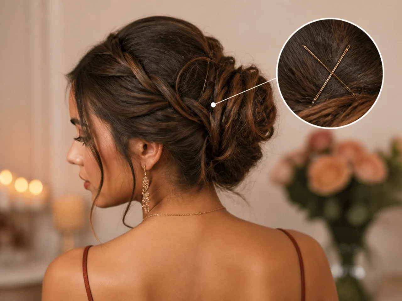 Bobby pins crossed in an X pattern to lock a style