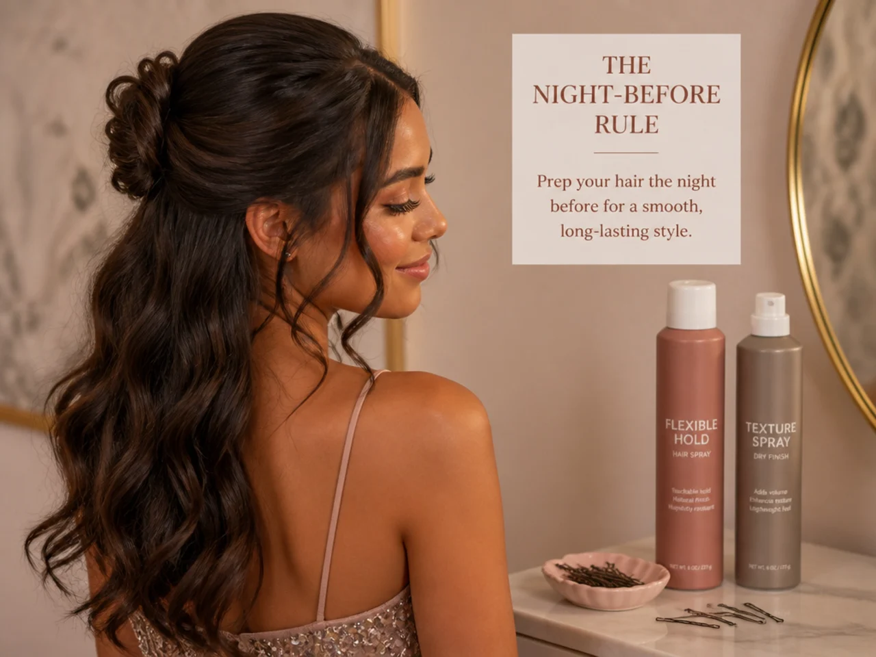 Bobby pins, flexible-hold spray and texture spray laid out for event hair prep