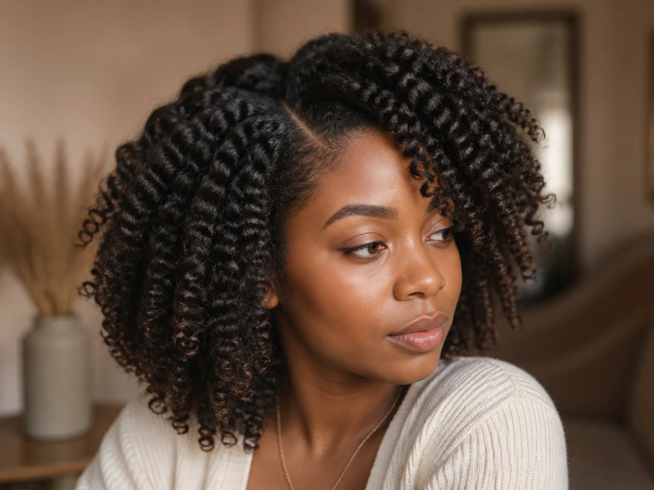 A defined twist out with a deep side part