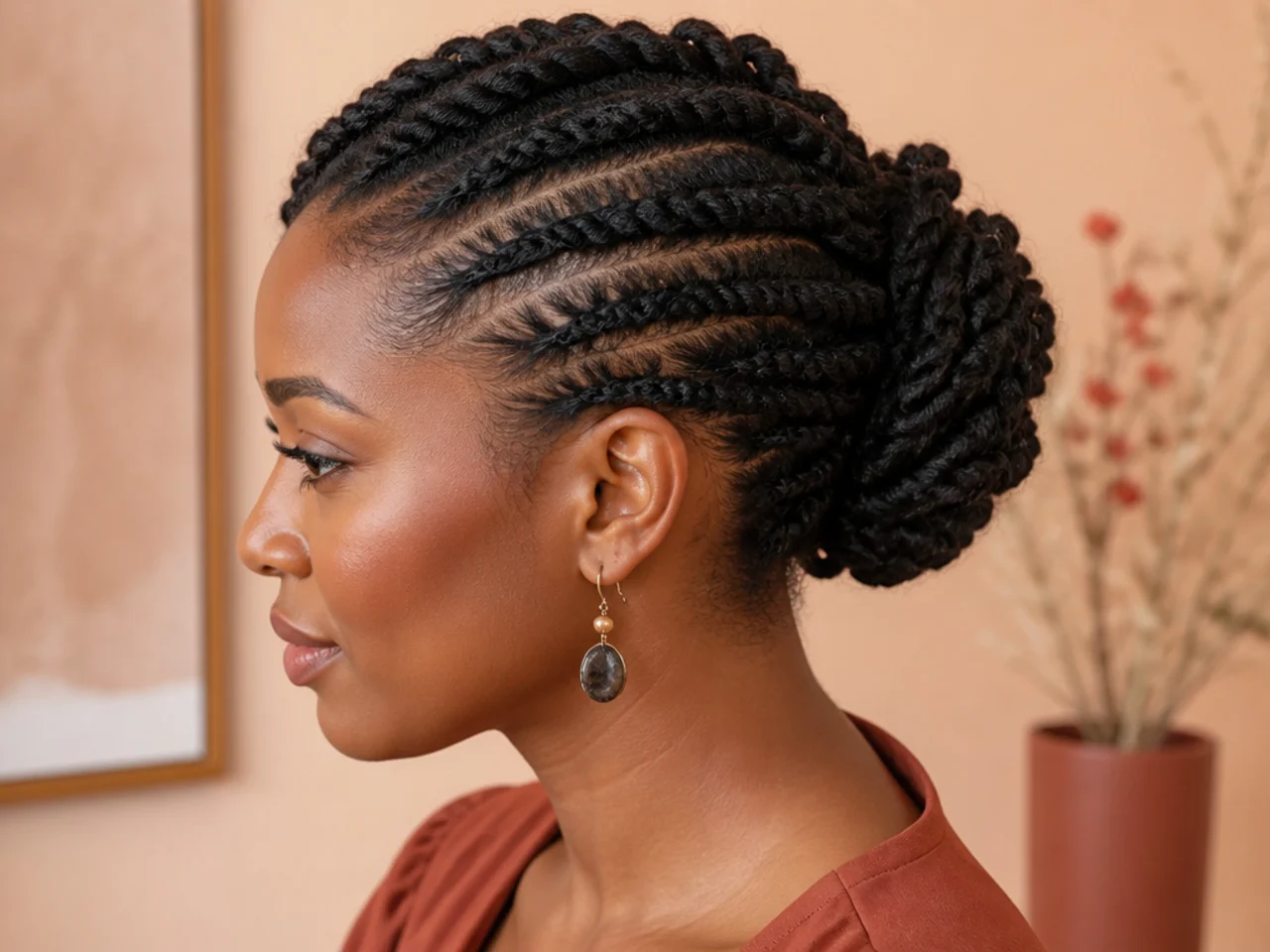 A flat twist updo with twists running back into a pinned bun