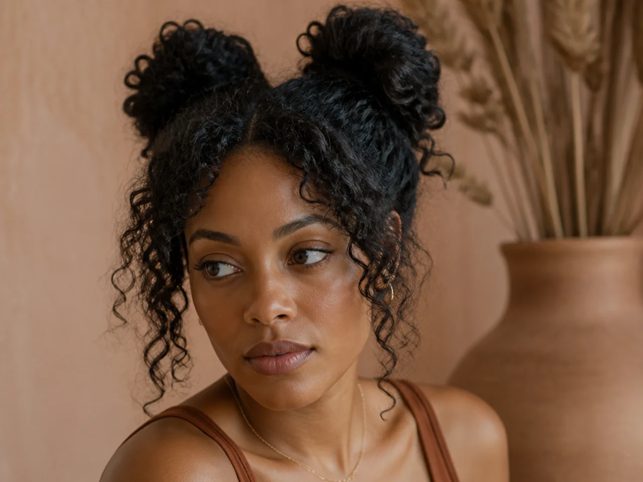 Two high space buns with loose curls left out around them
