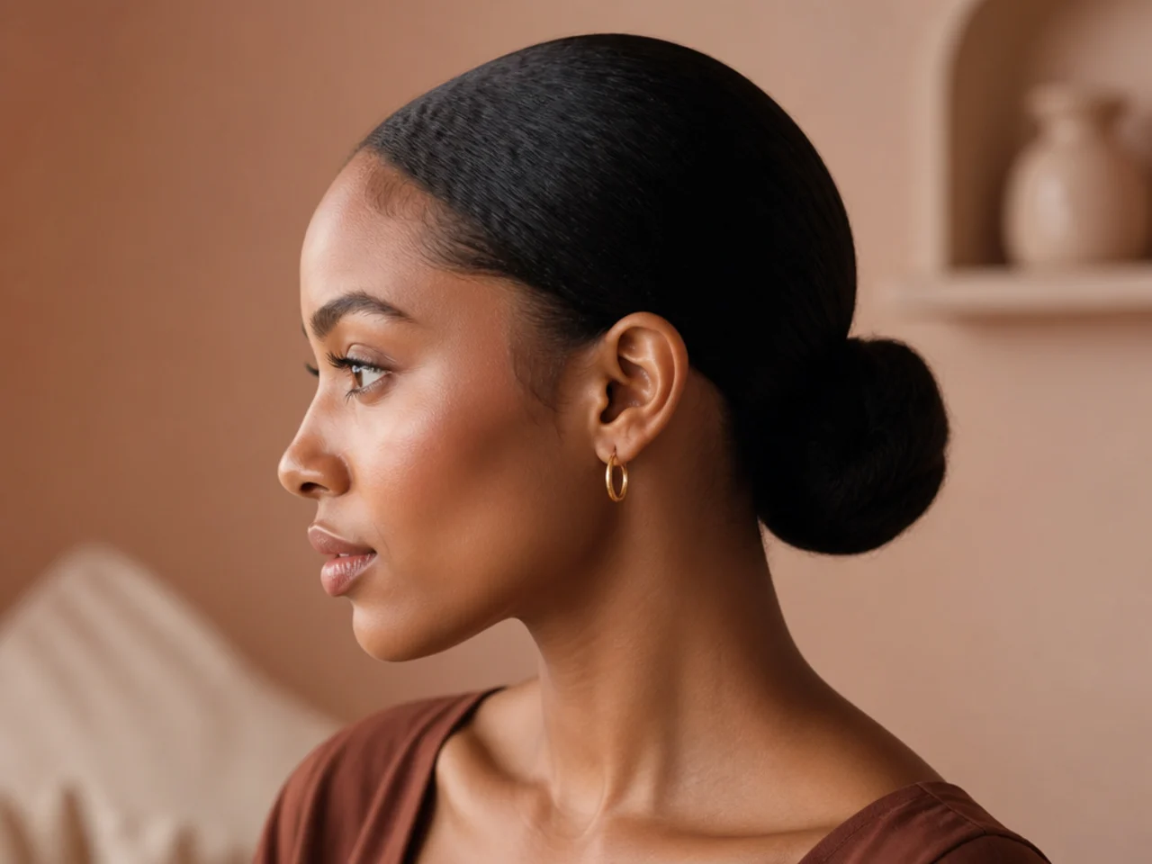 A sleek low bun sitting at the nape with a smooth crown