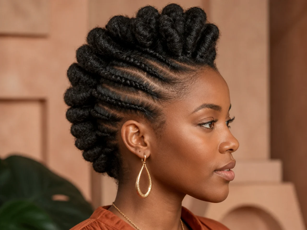 A faux hawk with flat twists on both sides and a raised centre