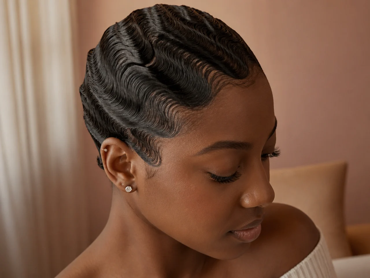 Sculpted finger waves pressed flat against the scalp