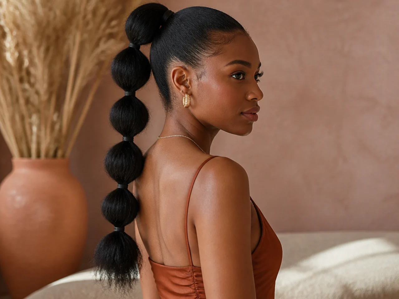 A bubble ponytail with evenly spaced sections down the length