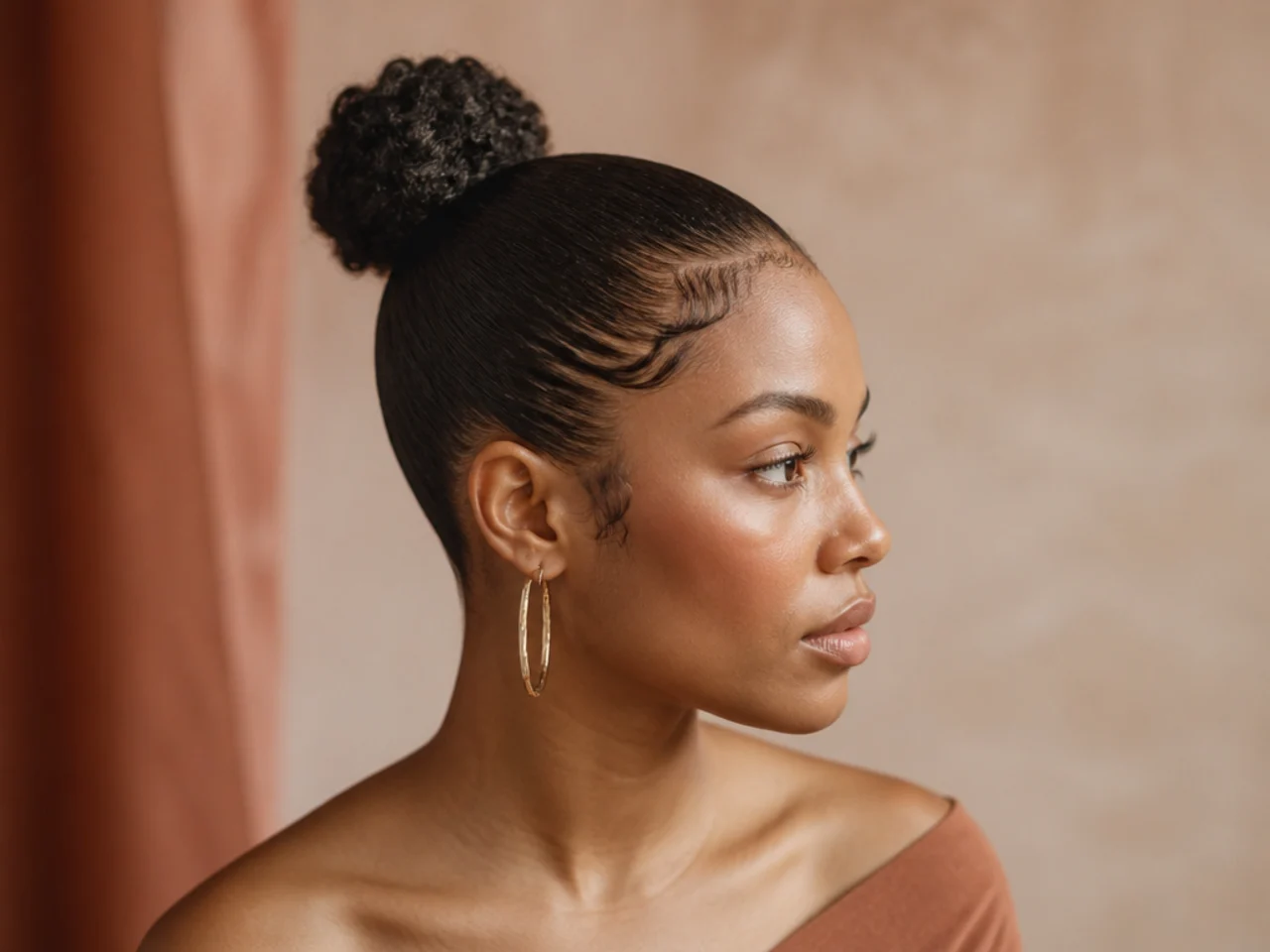A sleek bun with softly laid edges around the hairline