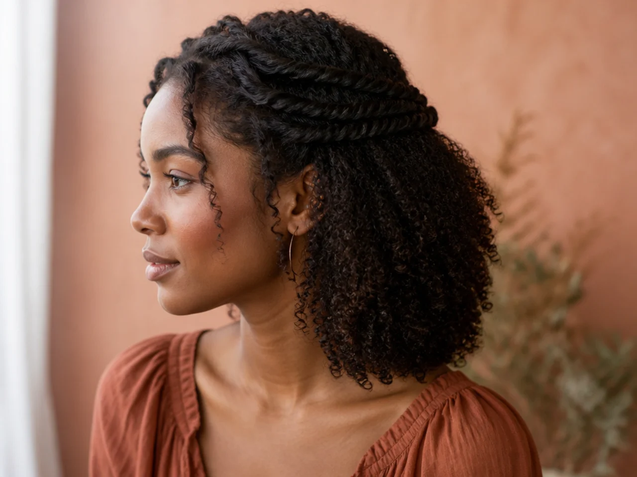 A half updo with two strand twists pinned back and natural hair below