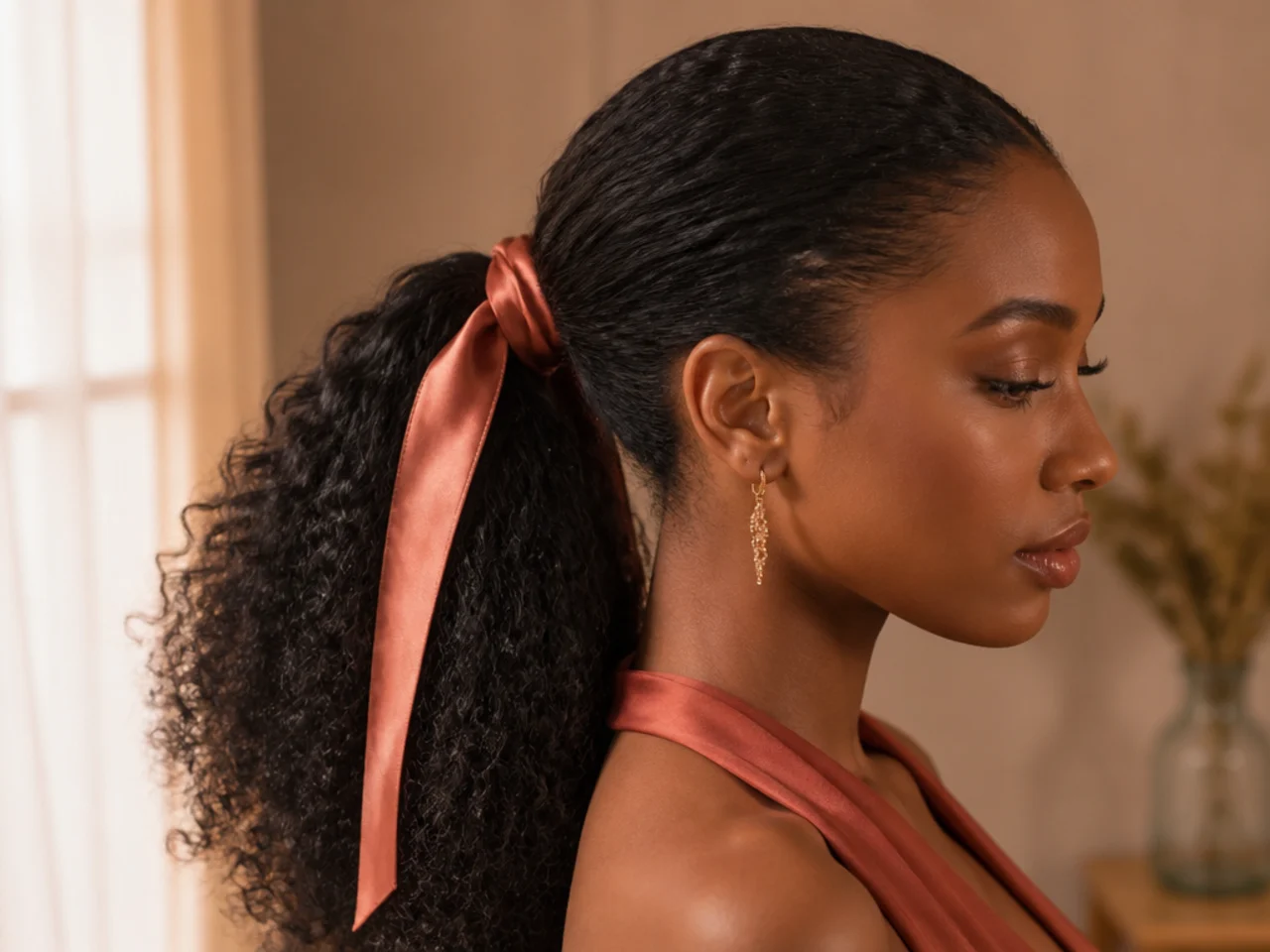 A ponytail with a satin ribbon wrapped around the base