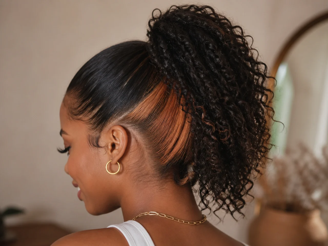 A high ponytail revealing a hidden colour panel underneath