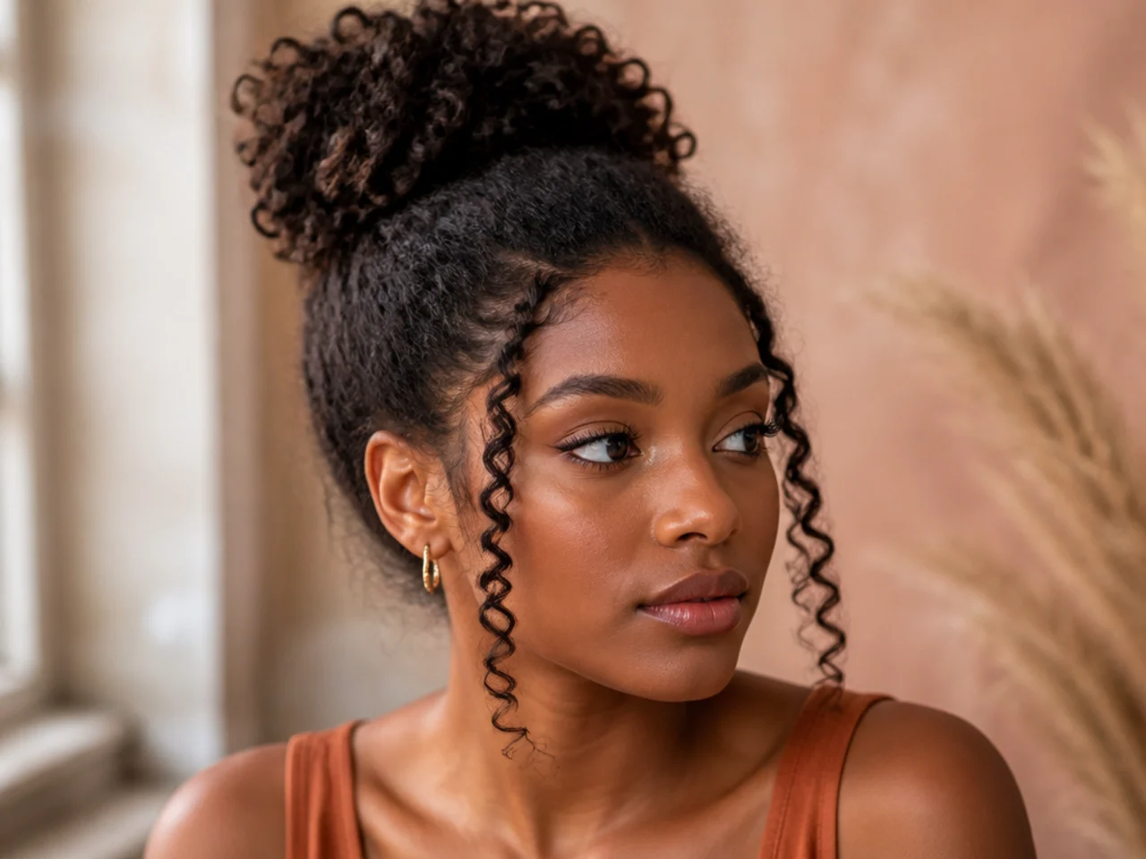A curly updo with two soft tendrils released at the temples