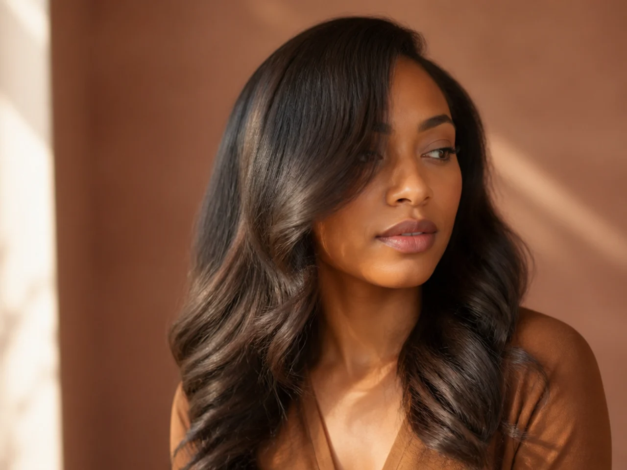 A silk press finished with soft loose waves through the lengths