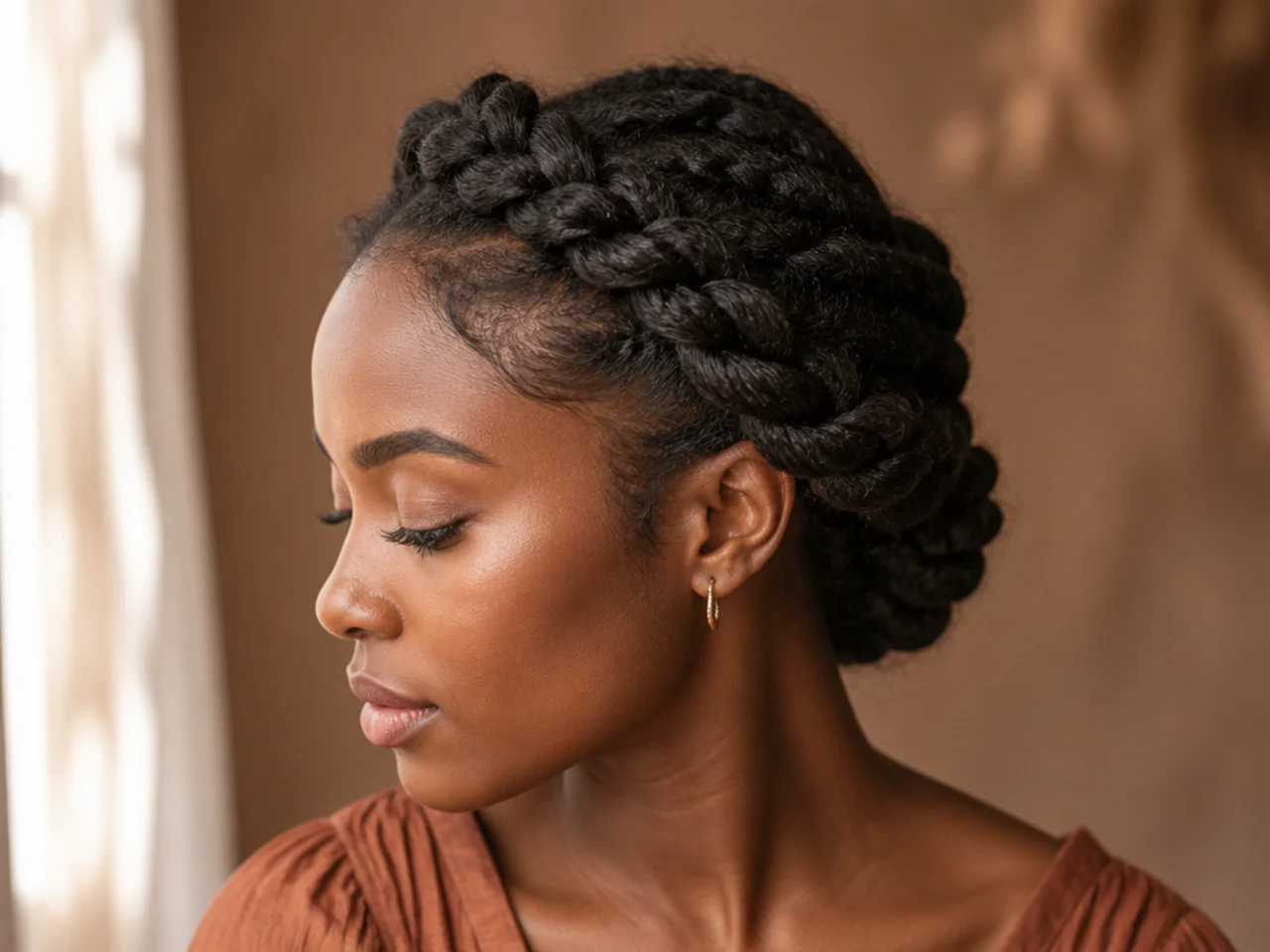 A braided crown updo wrapped around the head and pinned at the nape