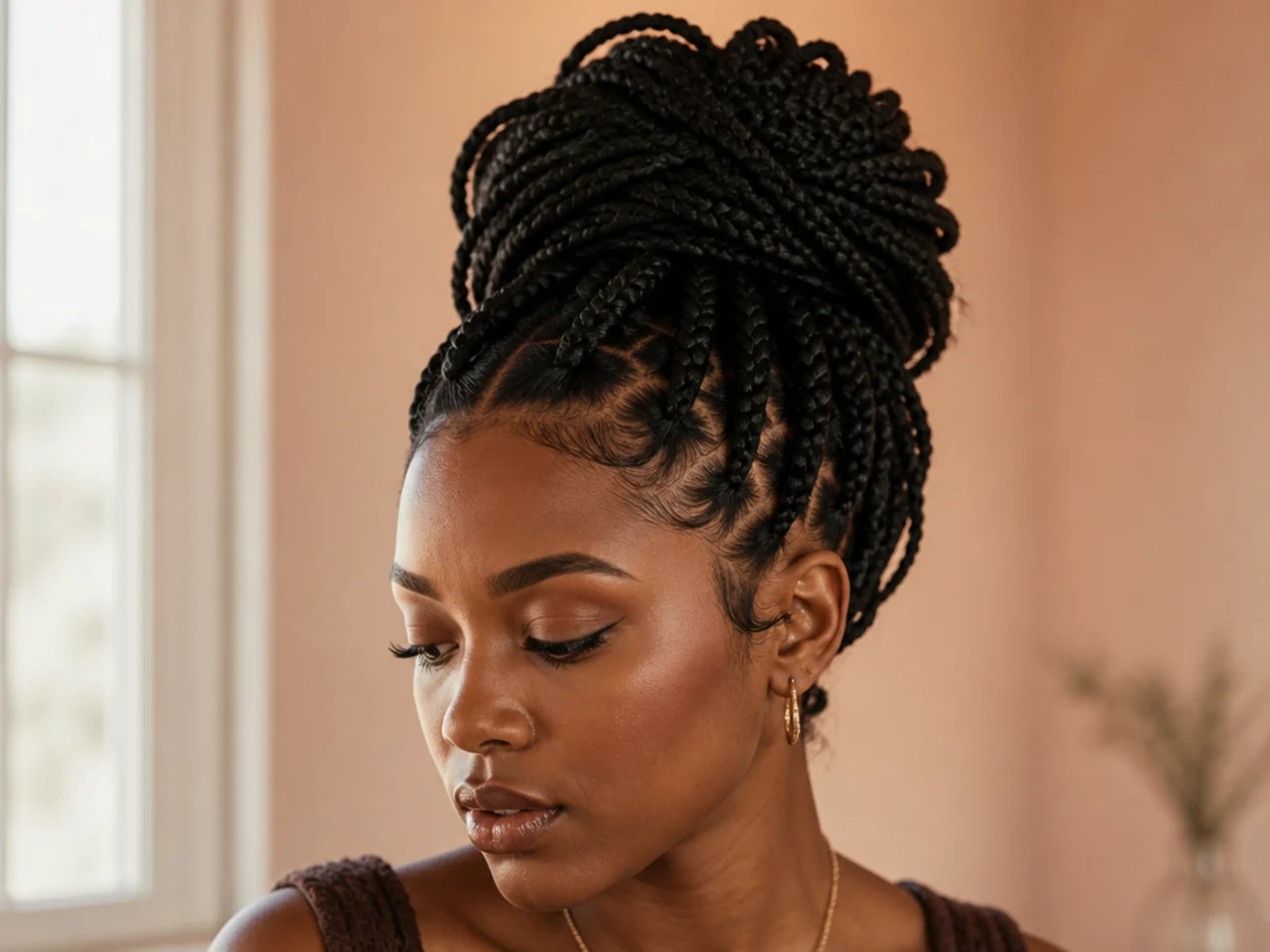 Knotless box braids gathered into a high updo