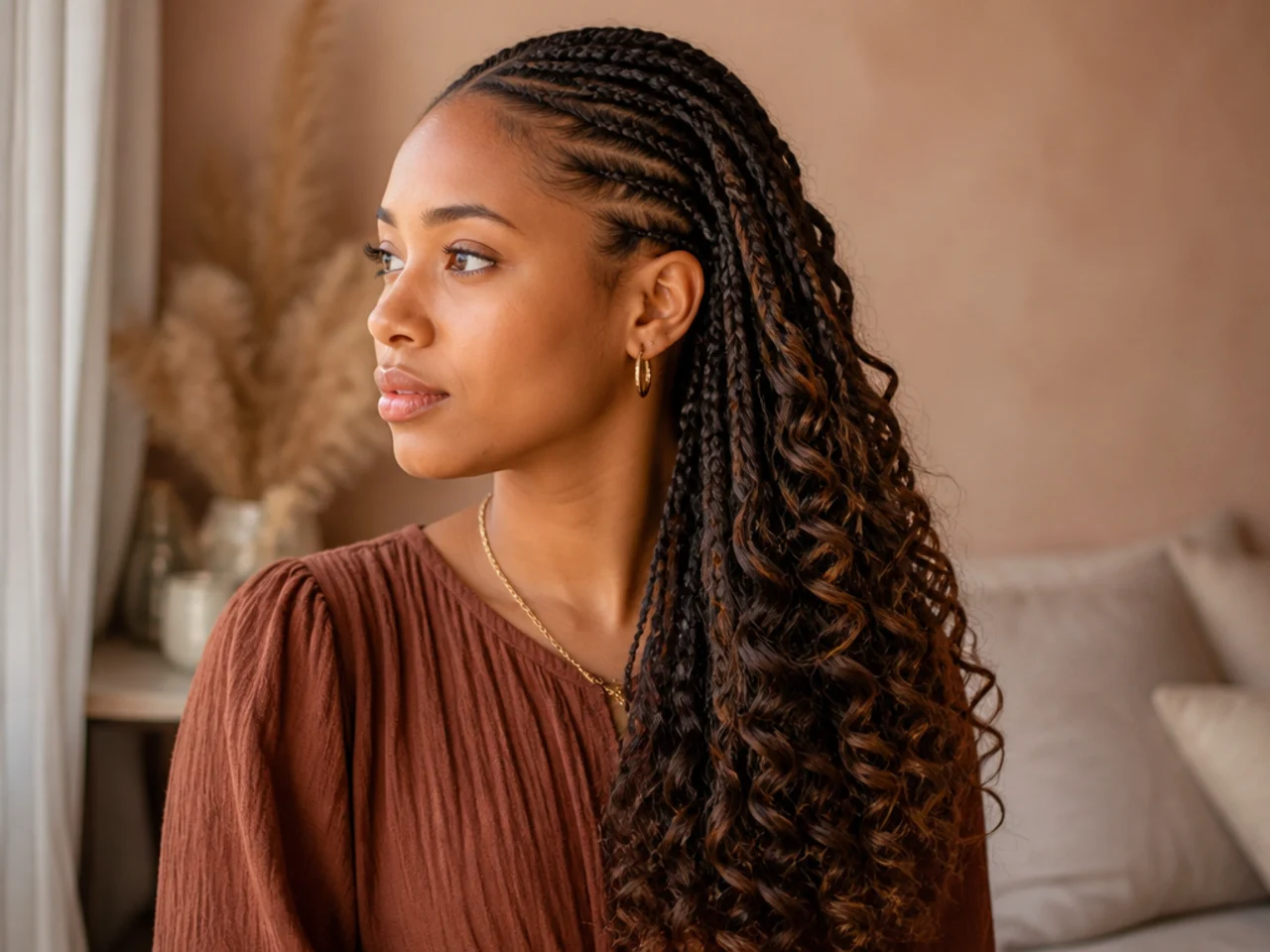 Goddess braids running back into loose curled ends