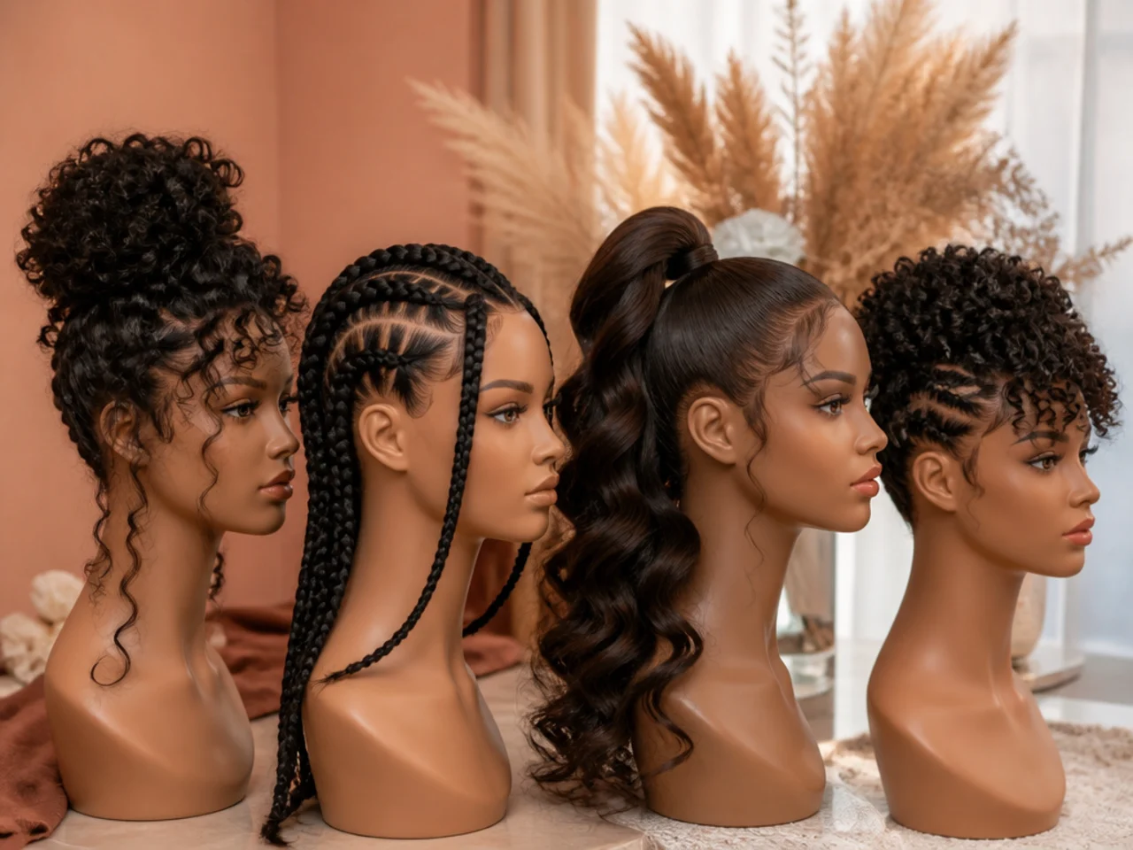 Several homecoming hairstyle options laid out side by side on mannequin heads
