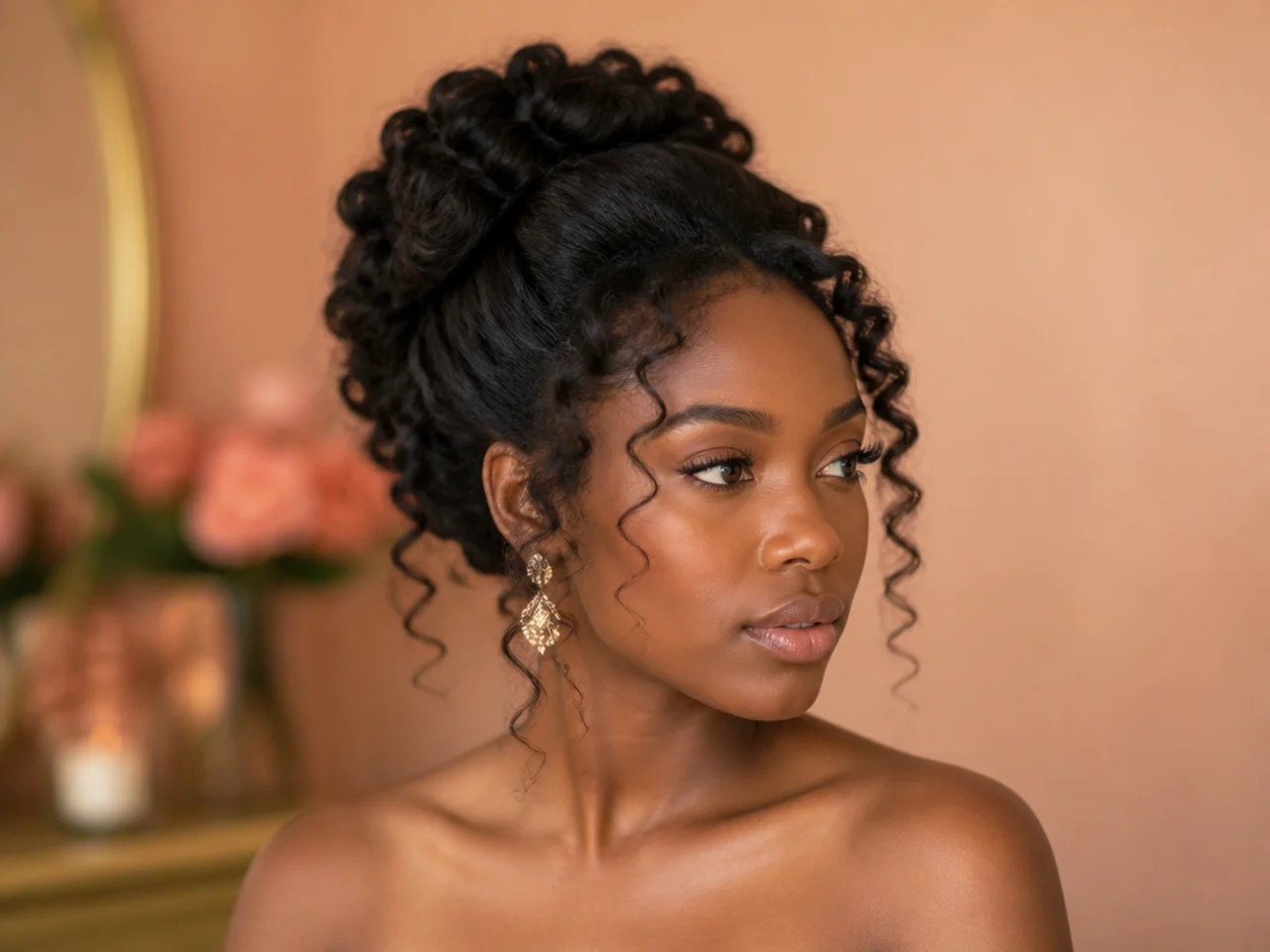 Three quarter view of a finished homecoming updo with curled tendrils