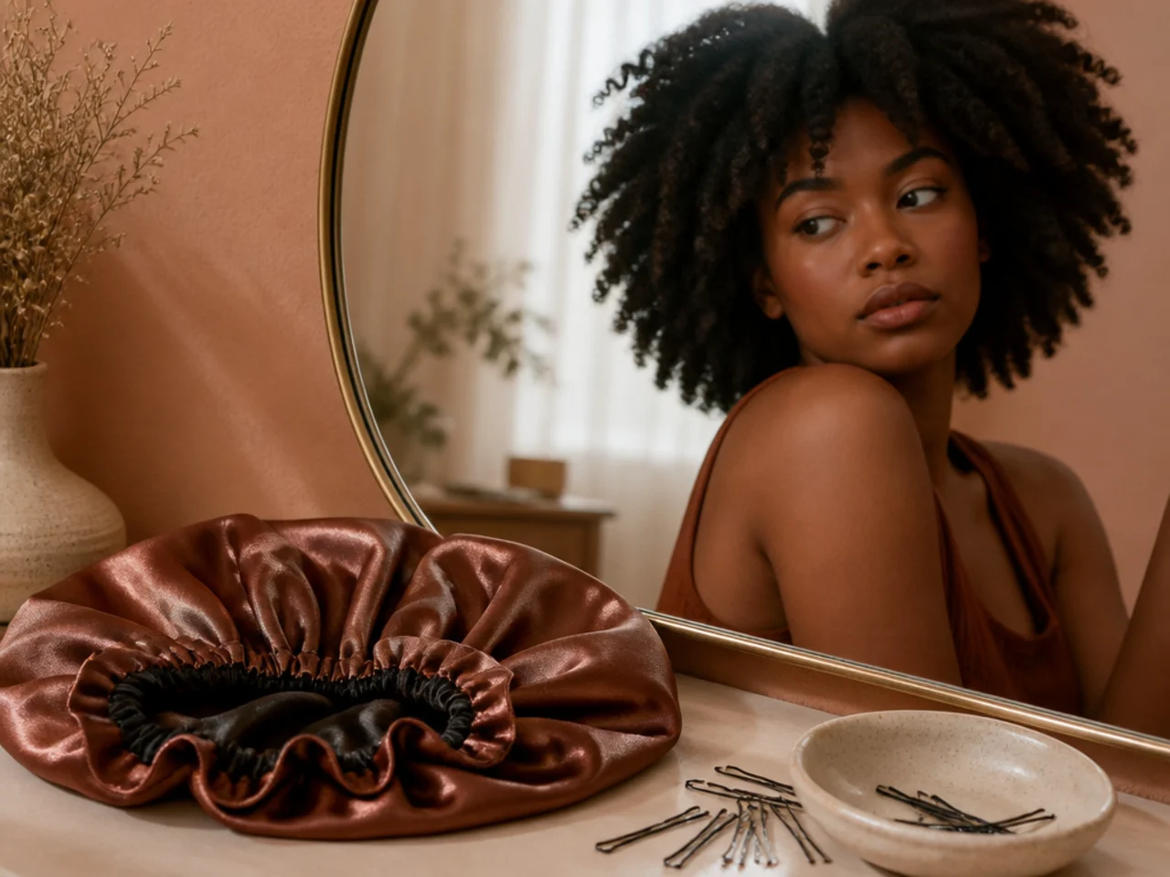 A satin bonnet and hair pins laid out beside a mirror