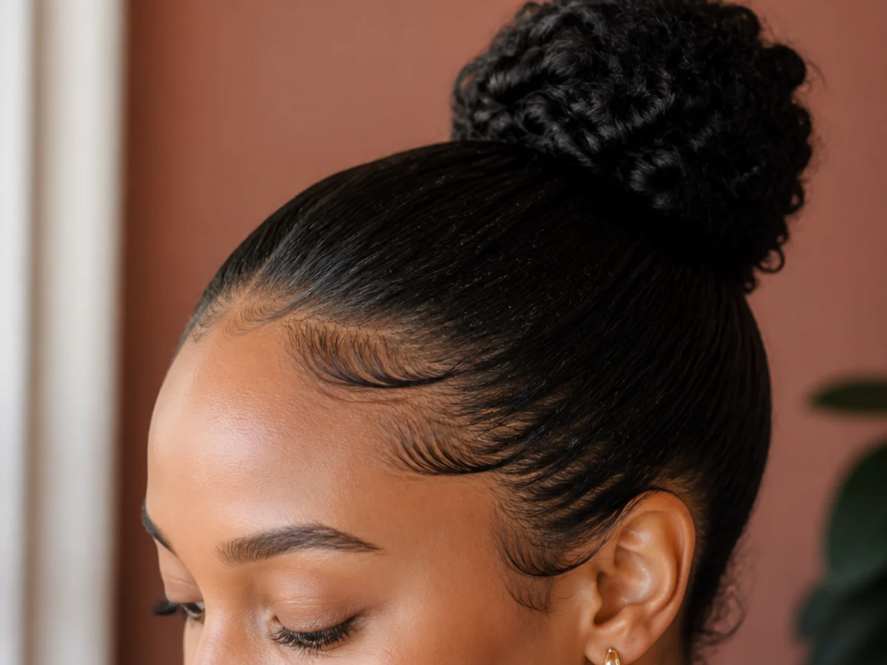 A close view of a sleek hairline with softly laid edges and no flaking