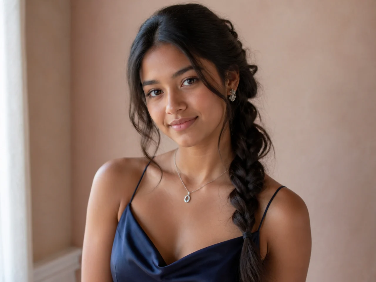 A loose braid swept over one shoulder