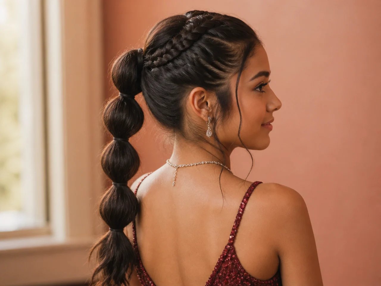 A ponytail alternating braided sections and bubbles