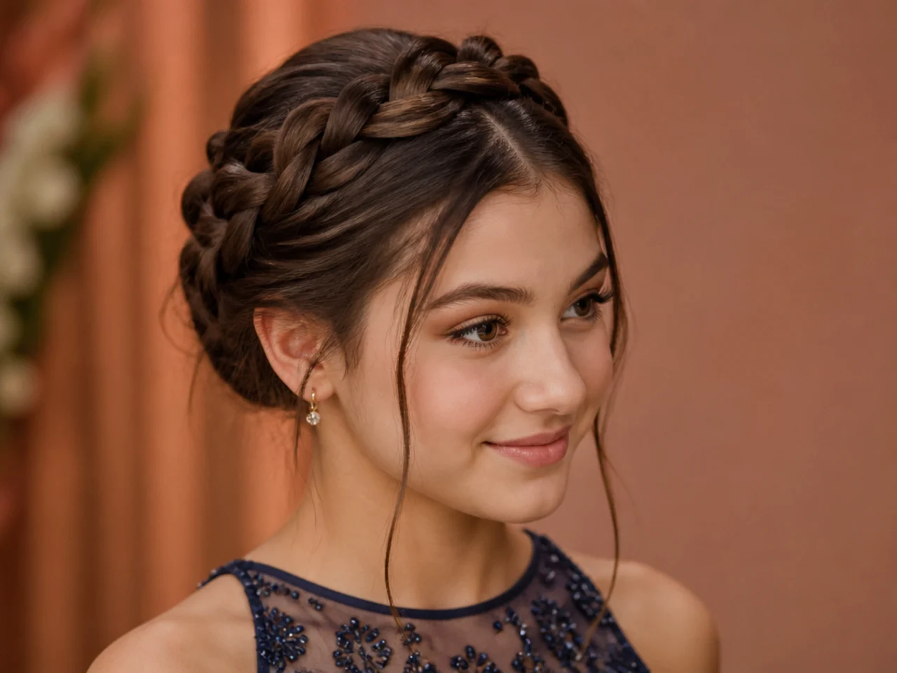 Two braids pinned up and across the crown