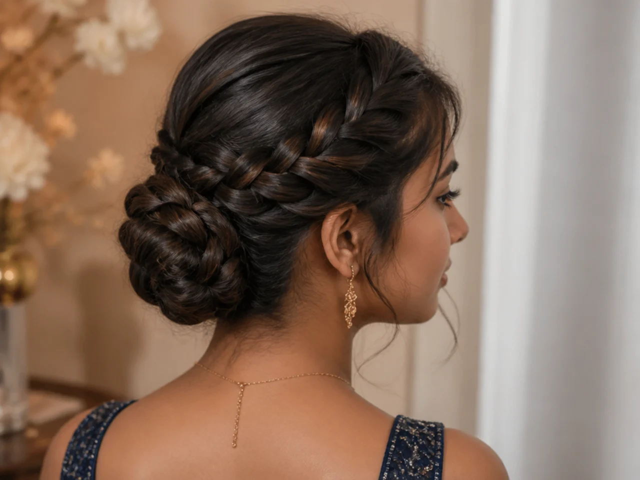 A braid pinned into a flat coiled chignon