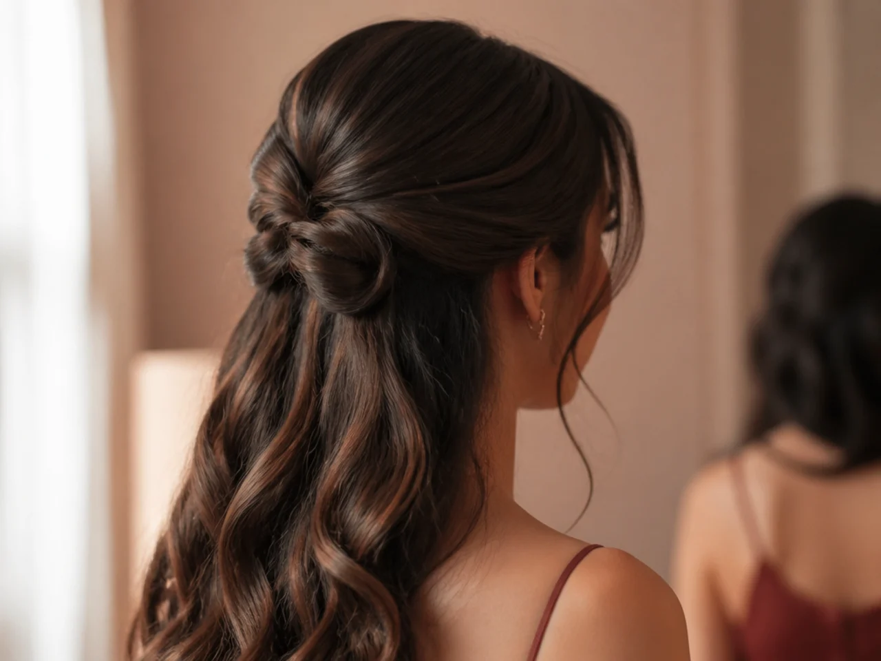 A knotted half up style running down the back of the head