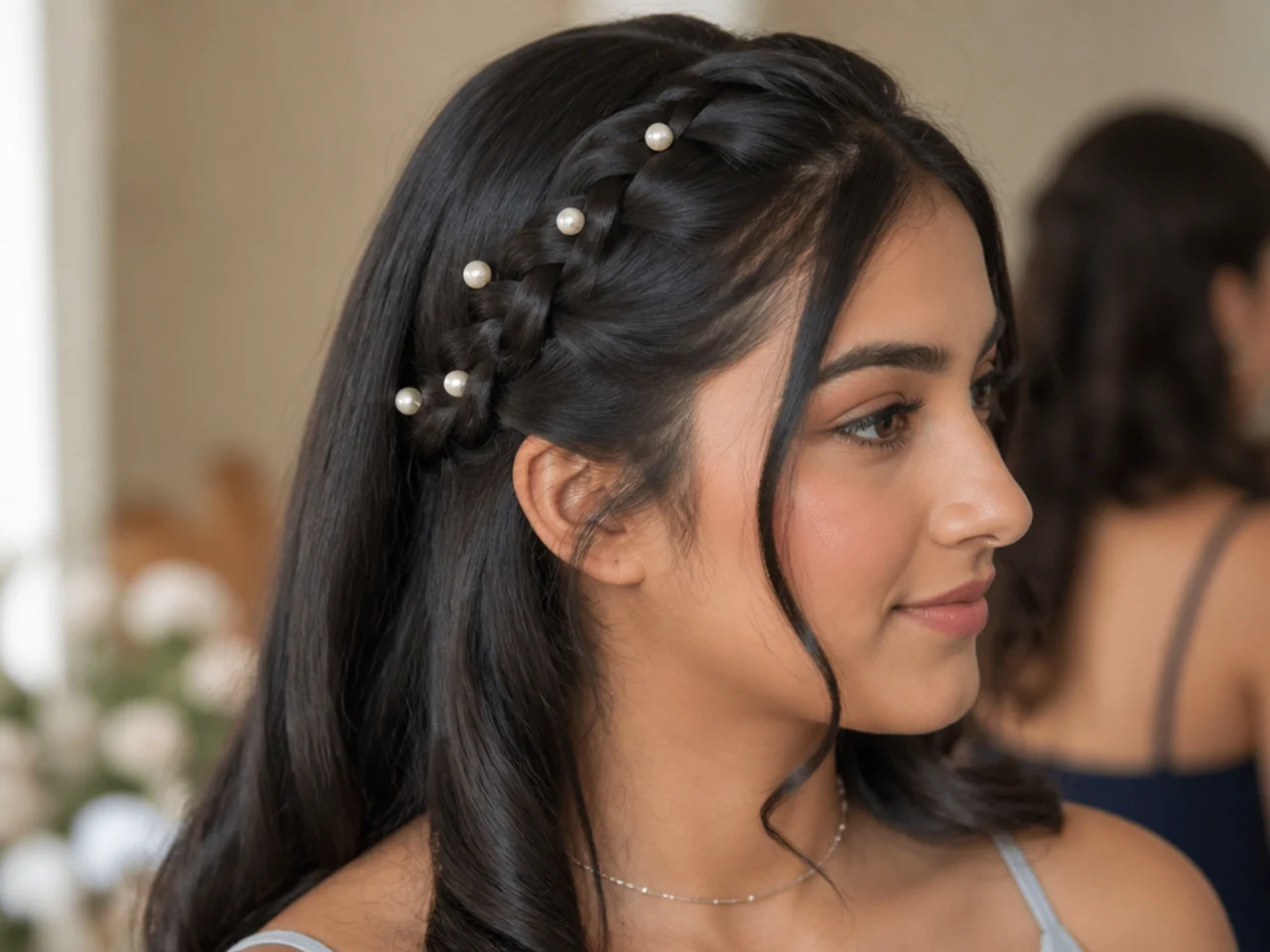 A braid decorated with pearl pins along one side