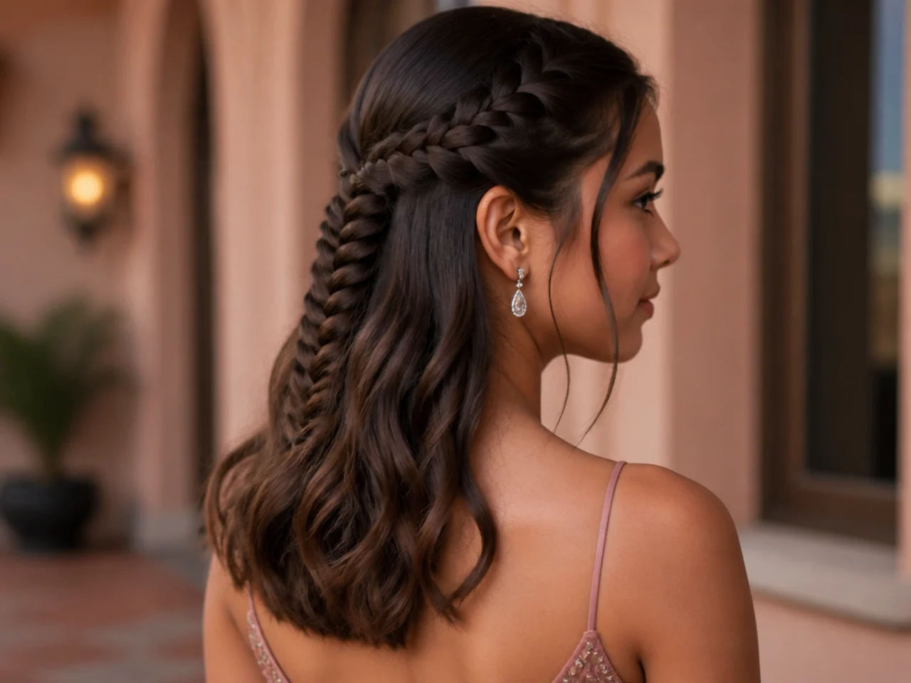 A half up fishtail braid over loose medium length hair