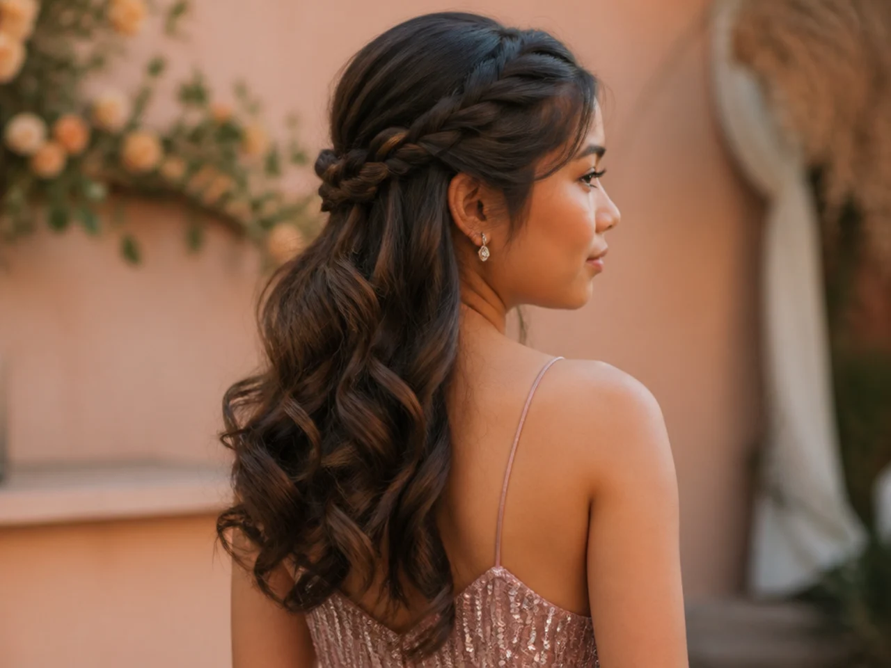 A braid at the crown released into loose curls below