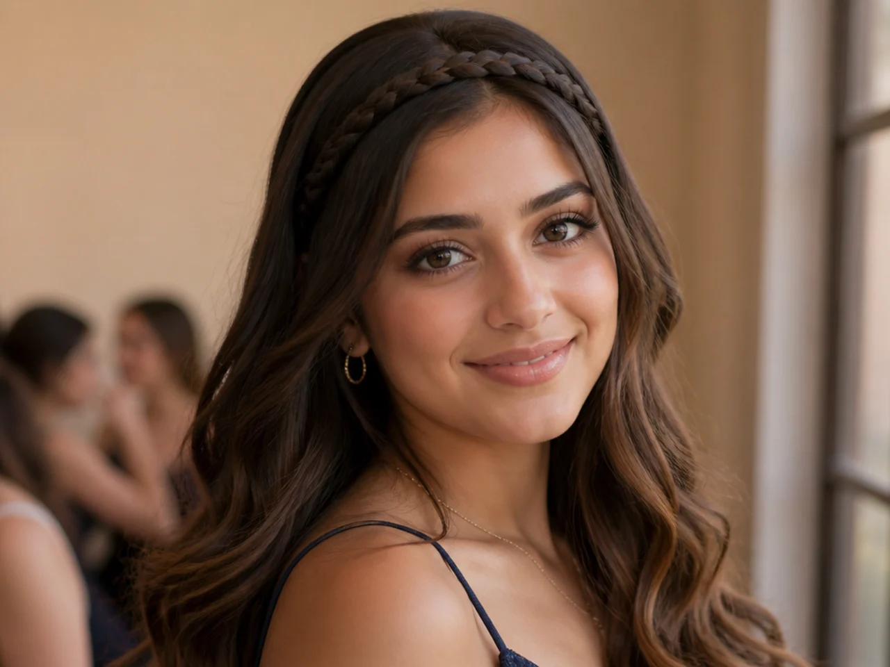 A thin braid running across the front hairline like a headband