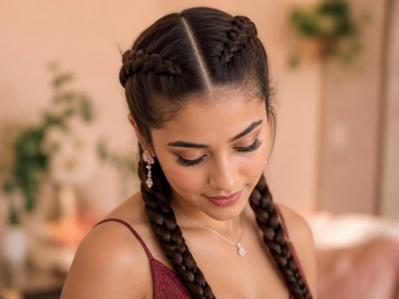 Two Dutch braids running down either side of a centre parting