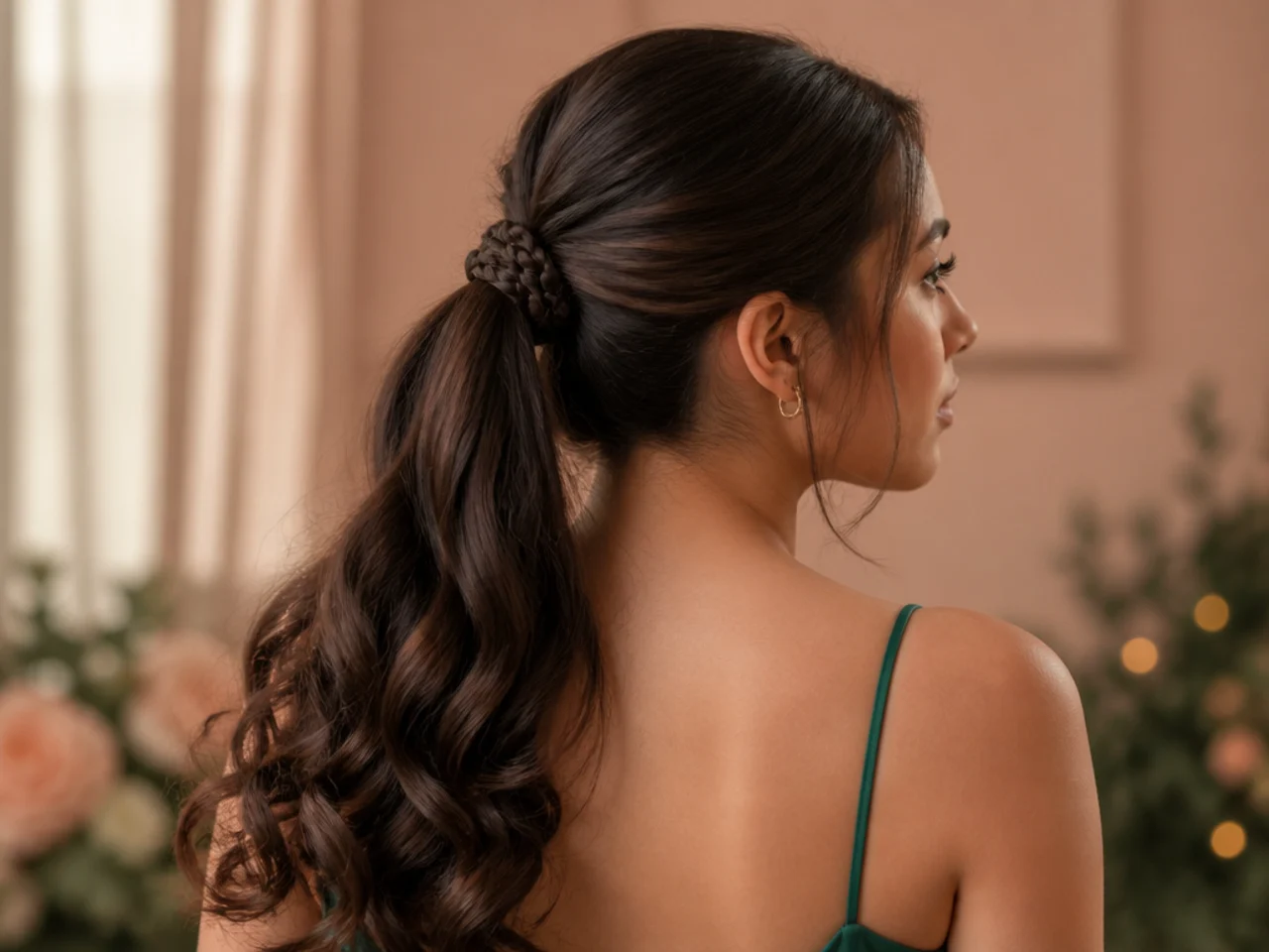 A ponytail base wrapped with a thin braid