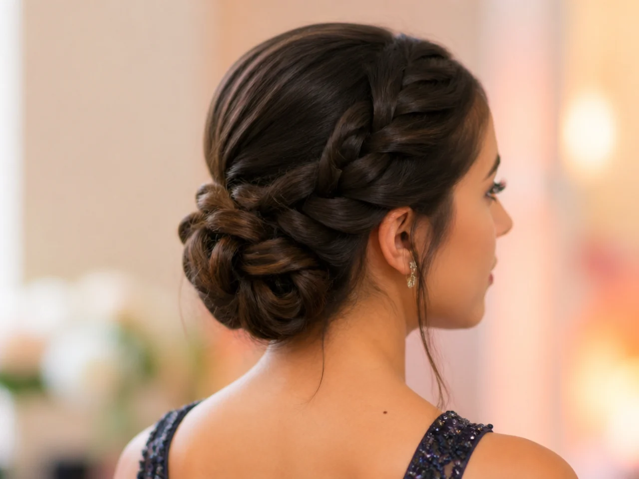 A braid coiled into a low bun at the nape