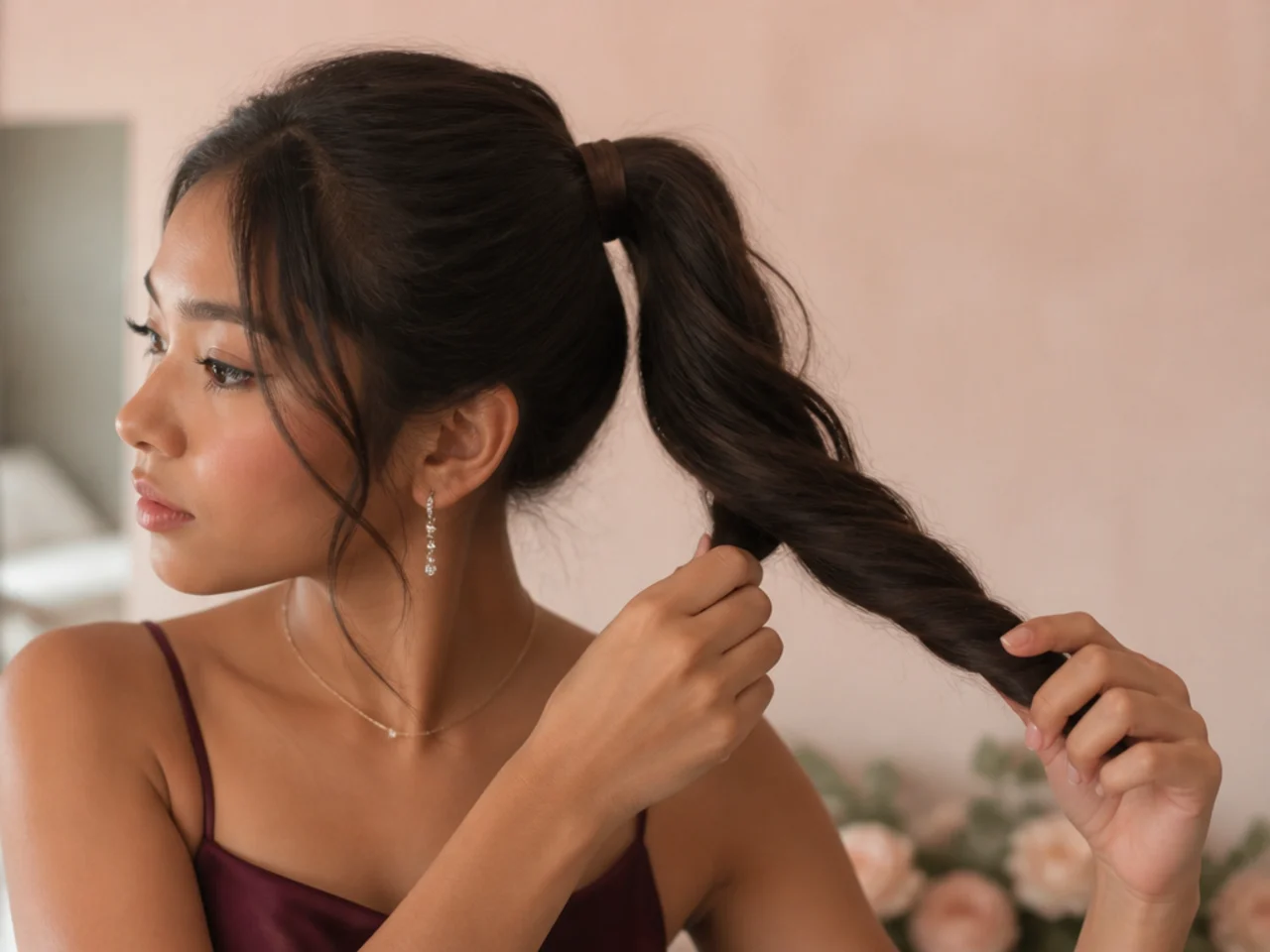 A ponytail tail being twisted in a single direction