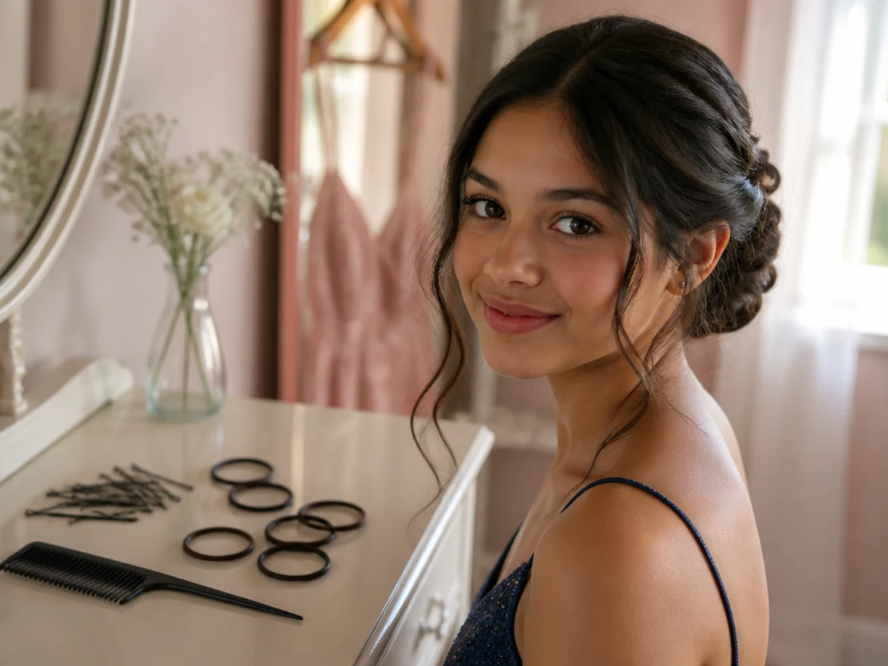 Bobby pins, elastics and a comb laid out on a counter
