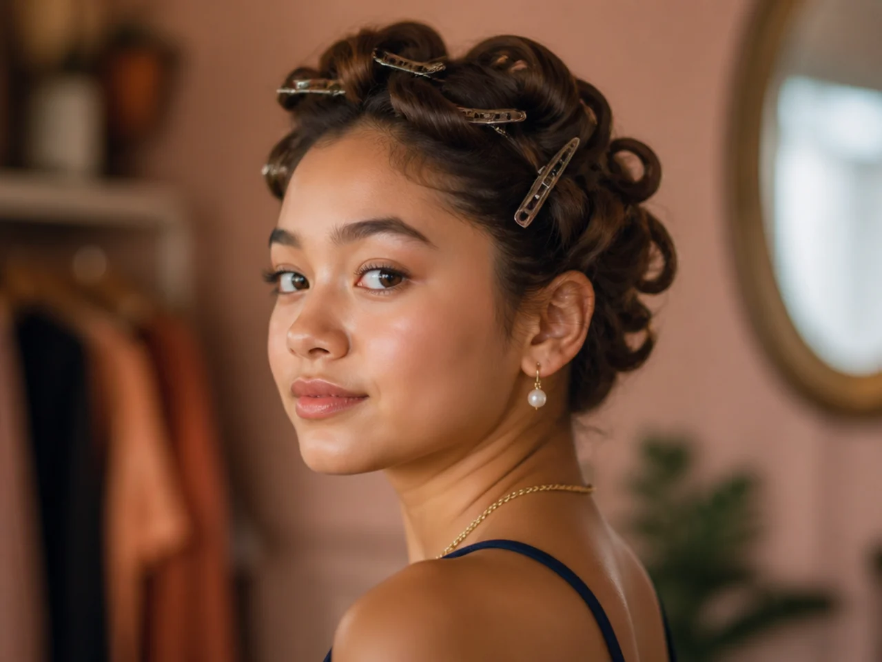 Curls pinned against the head while they cool