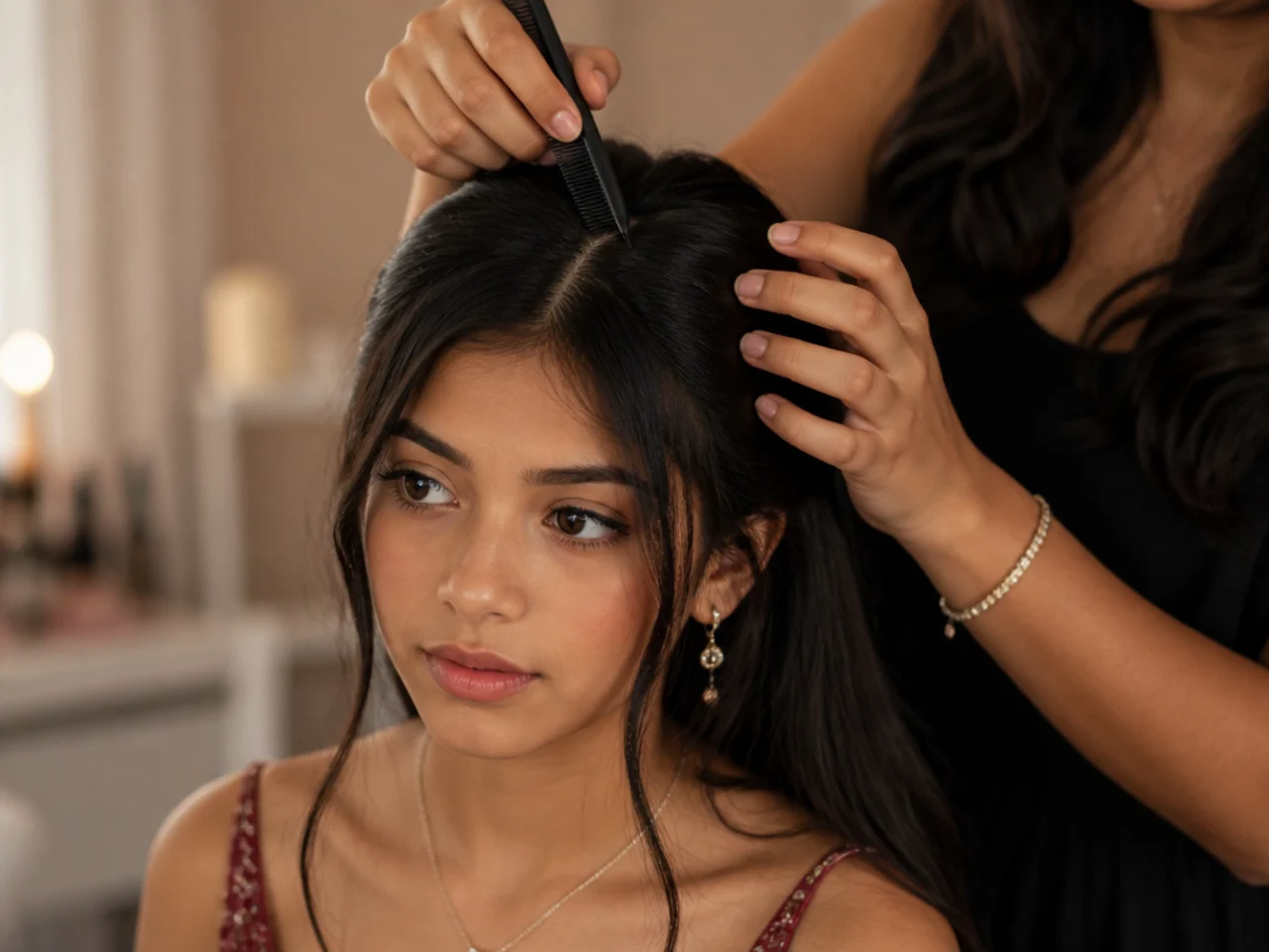 A parting being combed in before the hair is gathered