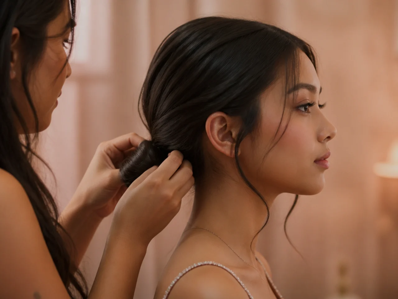 Hair being gathered low at the nape with the chin held level