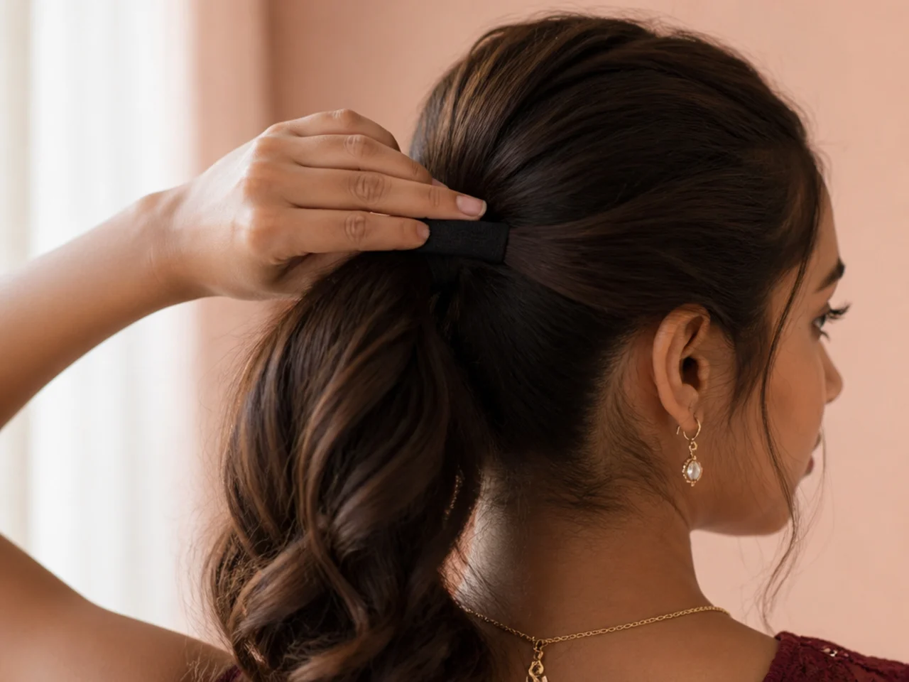 A finger held between the elastic and the scalp to leave slack