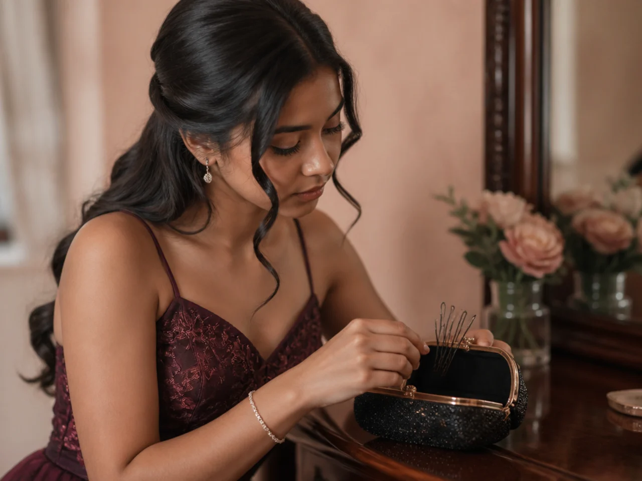 Spare bobby pins tucked into a small evening bag