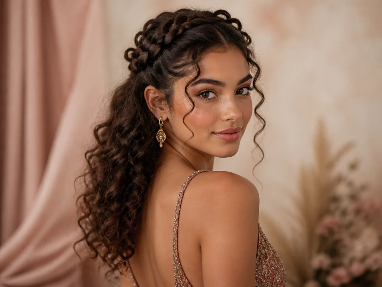 Braided crown worn over loose curls