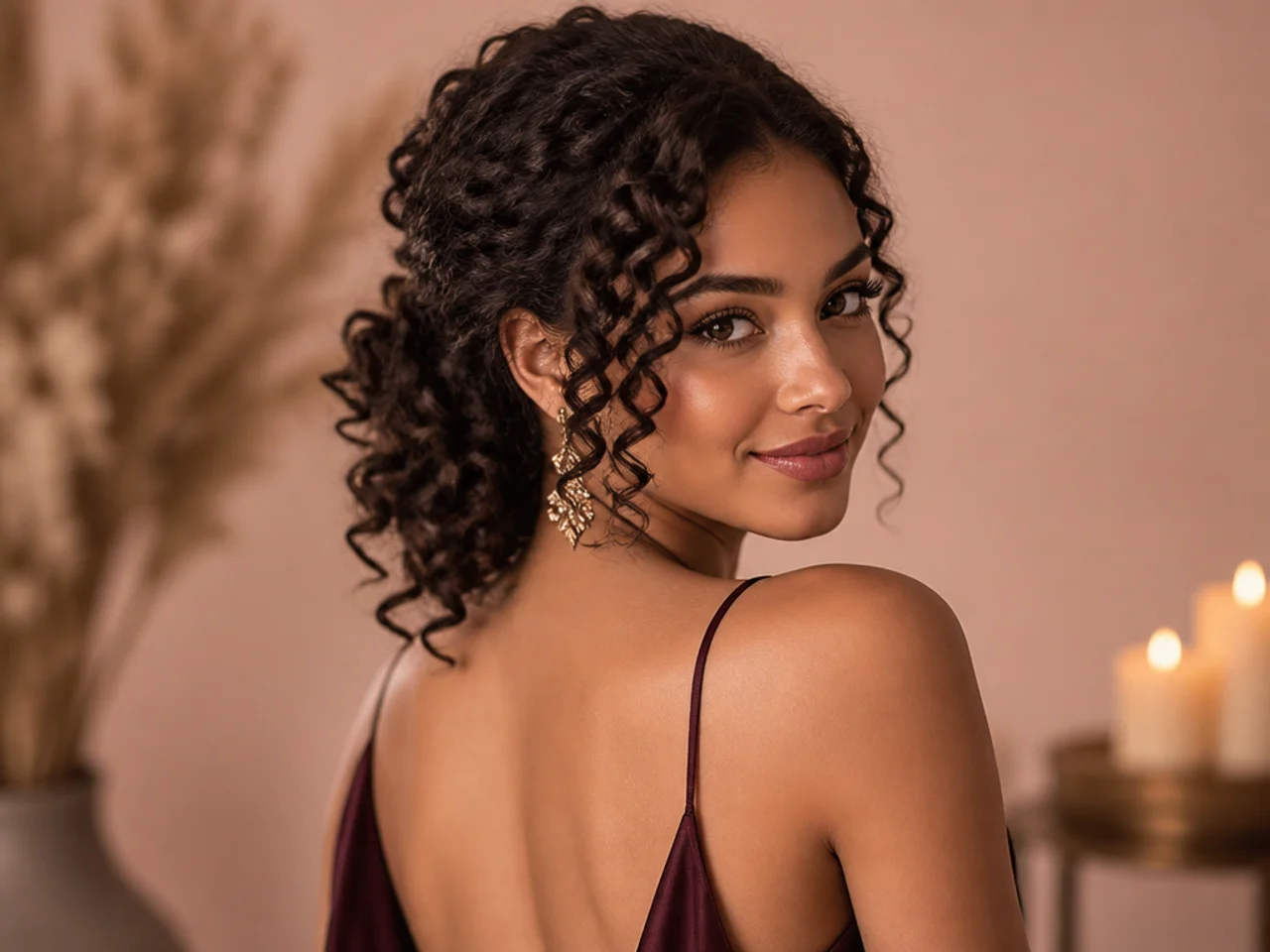Curls swept to one side and pinned