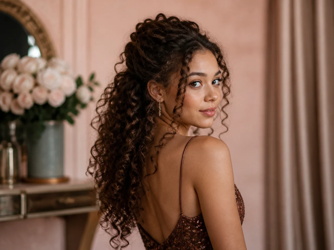 Half-up puff with curls left down